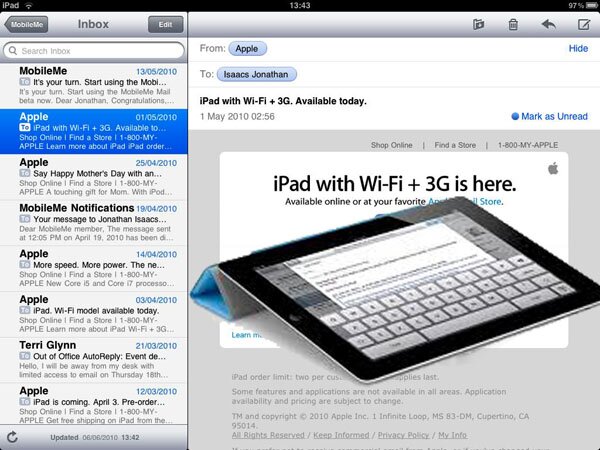 Рабочее окно программы Mail на iPad Рабочее окно программы Mail на iPad